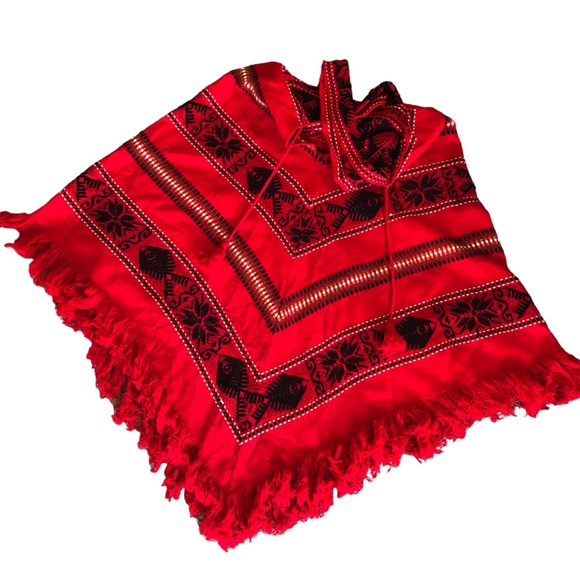 Hippie Poncho Shawl Red Fish Boho StripeGeo Knit Cape Blanket Vintage Fe… - Picture 5 of 12